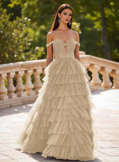 Elegant Off-The-Shoulder A-Line Sweep Train Tulle Prom Dresses With Lace