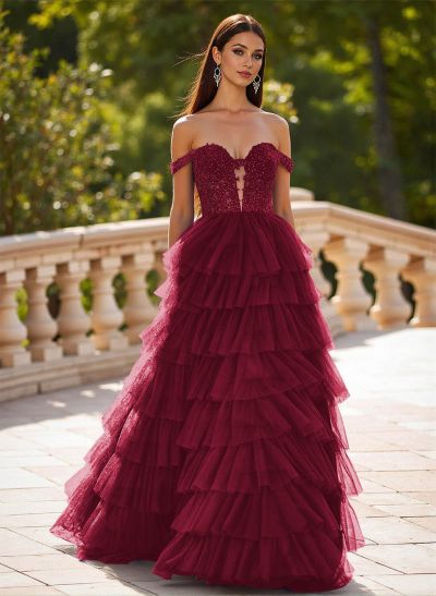Elegant Off-The-Shoulder A-Line Sweep Train Tulle Prom Dresses With Lace