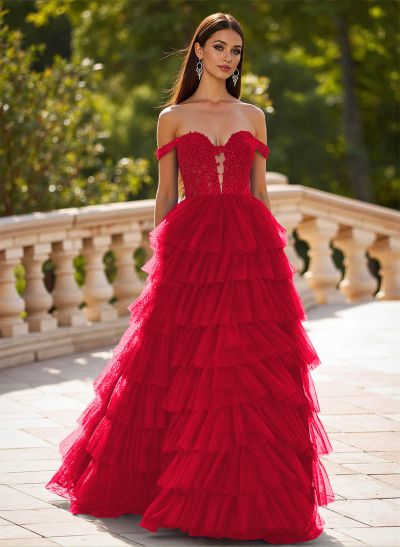 Elegant Off-The-Shoulder A-Line Sweep Train Tulle Prom Dresses With Lace