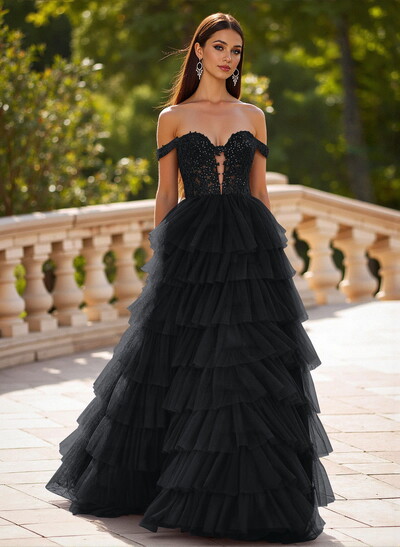 Elegant Off-The-Shoulder A-Line Sweep Train Tulle Prom Dresses With Lace