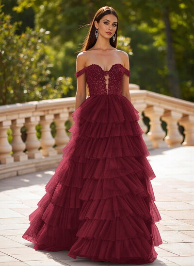 Elegant Off-The-Shoulder A-Line Sweep Train Tulle Prom Dresses With Lace