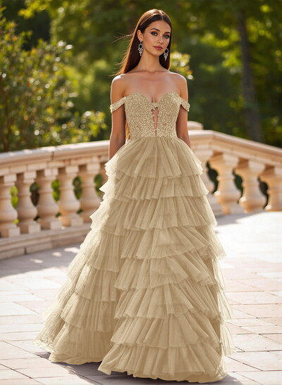 Elegant Off-The-Shoulder A-Line Sweep Train Tulle Prom Dresses With Lace