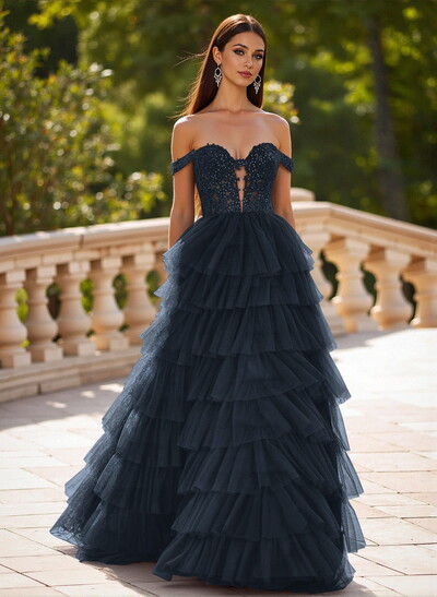 Elegant Off-The-Shoulder A-Line Sweep Train Tulle Prom Dresses With Lace