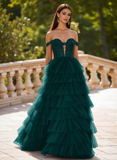 Elegant Off-The-Shoulder A-Line Sweep Train Tulle Prom Dresses With Lace
