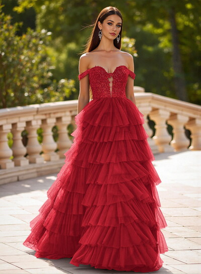 Elegant Off-The-Shoulder A-Line Sweep Train Tulle Prom Dresses With Lace