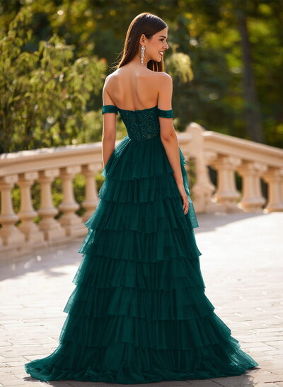 Elegant Off-The-Shoulder A-Line Sweep Train Tulle Prom Dresses With Lace
