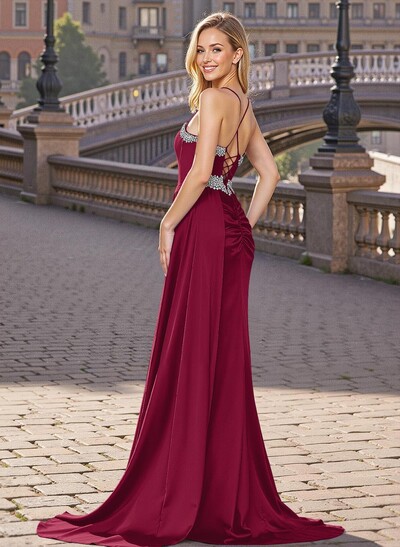 Sparkle V-Neck Acetate Satin Prom DressesWith Sweeping Side Drape