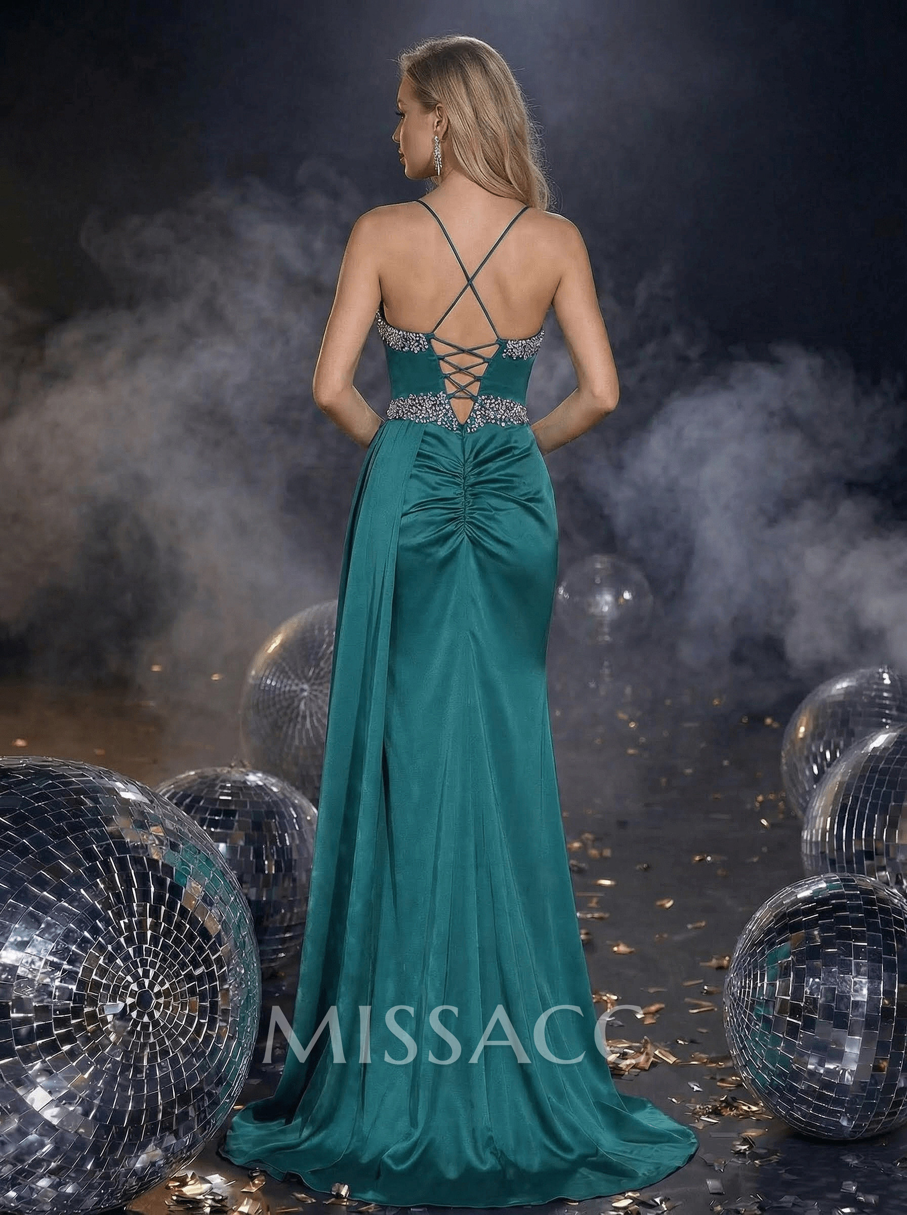 Sparkle V-Neck Acetate Satin Prom DressesWith Sweeping Side Drape