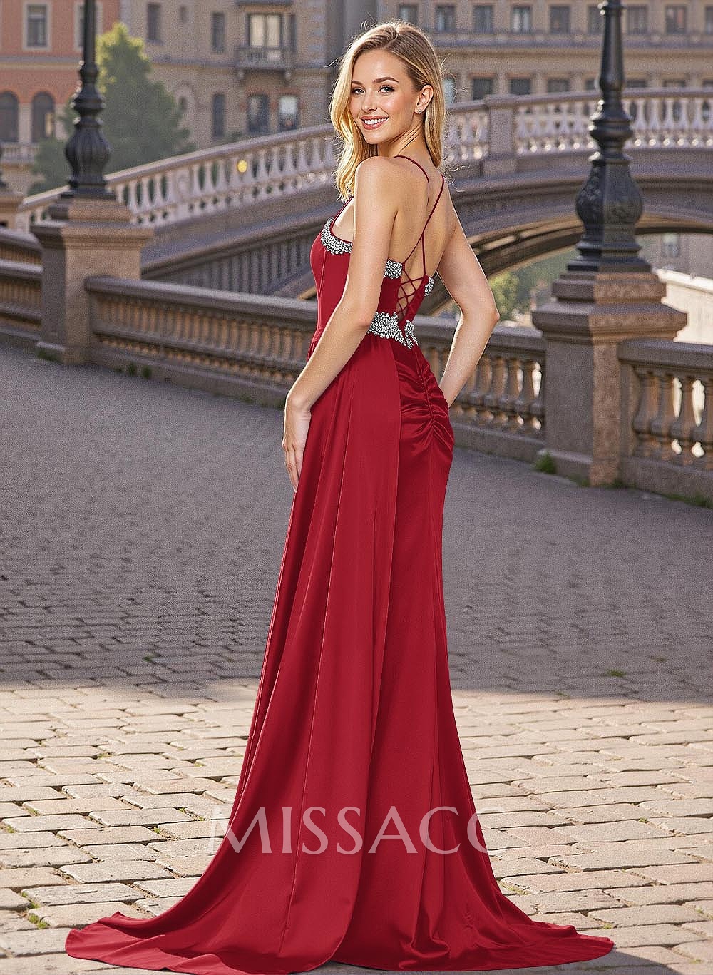 Sparkle V-Neck Acetate Satin Prom DressesWith Sweeping Side Drape