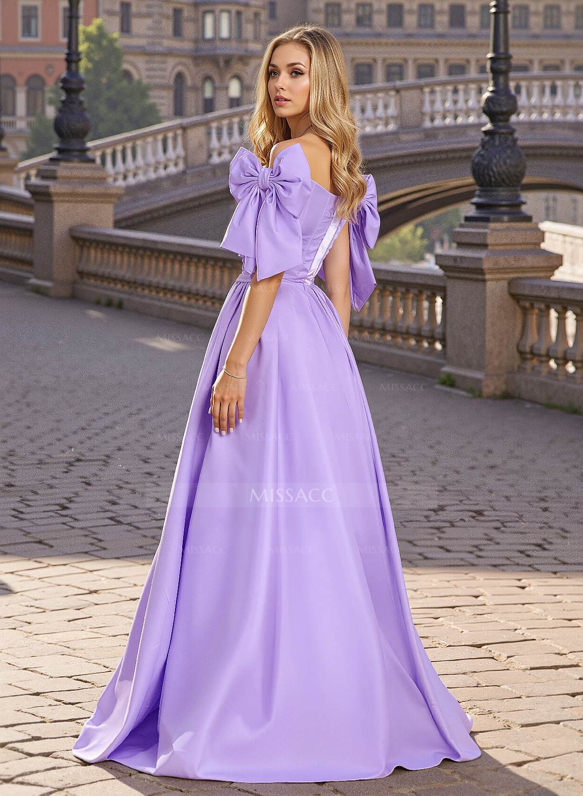 Sweet & Flow A-Line Off-The-Shoulder Satin Prom Dresses With Bow(s)