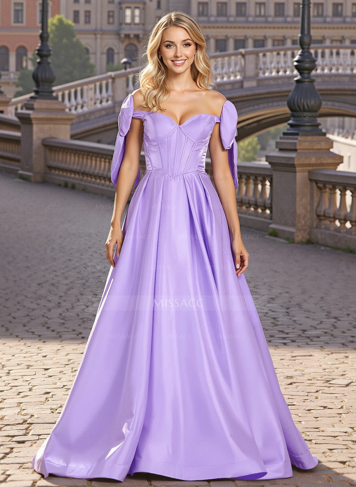 Sweet & Flow A-Line Off-The-Shoulder Satin Prom Dresses With Bow(s)