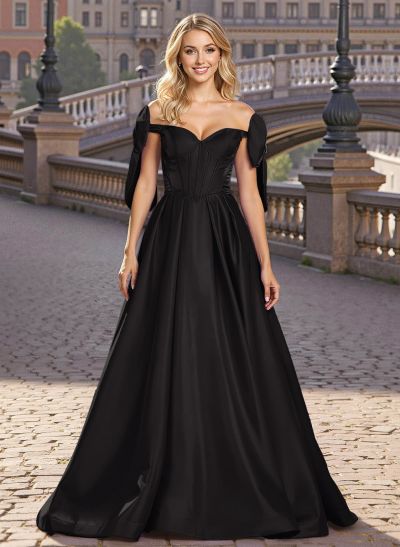 Sweet & Flow A-Line Off-The-Shoulder Satin Prom Dresses With Bow(s)