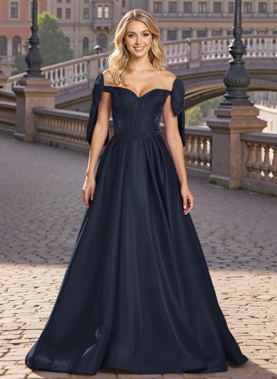Sweet & Flow A-Line Off-The-Shoulder Satin Prom Dresses With Bow(s)