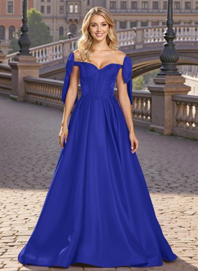 Sweet & Flow A-Line Off-The-Shoulder Satin Prom Dresses With Bow(s)