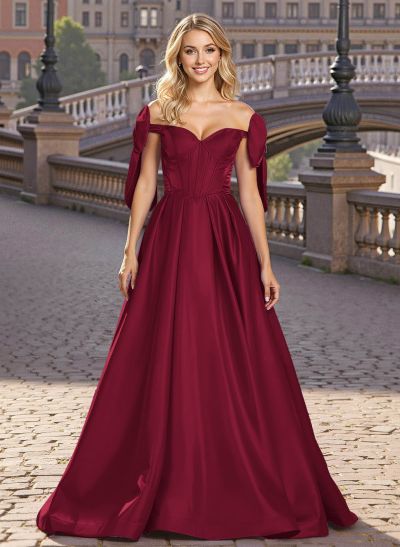 Sweet & Flow A-Line Off-The-Shoulder Satin Prom Dresses With Bow(s)