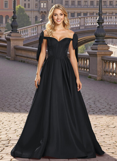 Sweet & Flow A-Line Off-The-Shoulder Satin Prom Dresses With Bow(s)