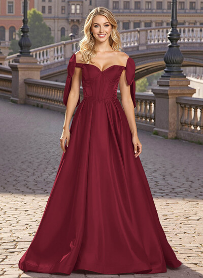 Sweet & Flow A-Line Off-The-Shoulder Satin Prom Dresses With Bow(s)