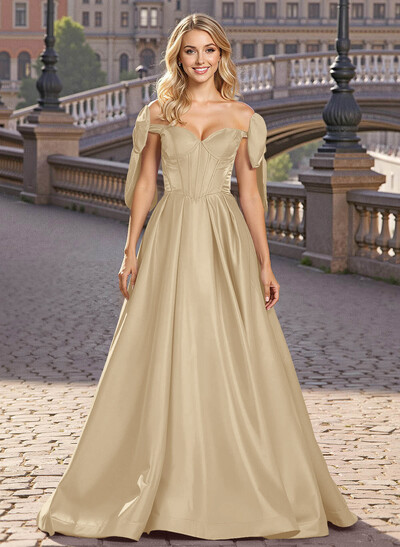 Sweet & Flow A-Line Off-The-Shoulder Satin Prom Dresses With Bow(s)