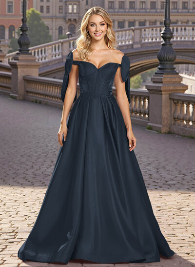 Sweet & Flow A-Line Off-The-Shoulder Satin Prom Dresses With Bow(s)