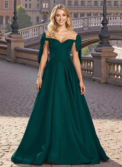 Sweet & Flow A-Line Off-The-Shoulder Satin Prom Dresses With Bow(s)