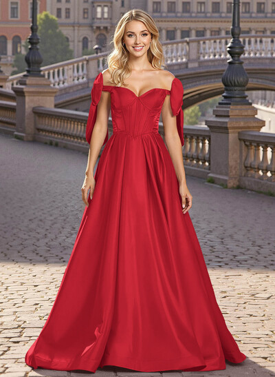 Sweet & Flow A-Line Off-The-Shoulder Satin Prom Dresses With Bow(s)