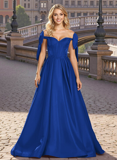 Sweet & Flow A-Line Off-The-Shoulder Satin Prom Dresses With Bow(s)
