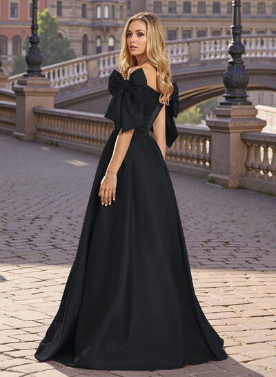 Sweet & Flow A-Line Off-The-Shoulder Satin Prom Dresses With Bow(s)