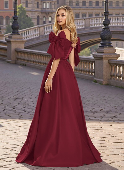 Sweet & Flow A-Line Off-The-Shoulder Satin Prom Dresses With Bow(s)