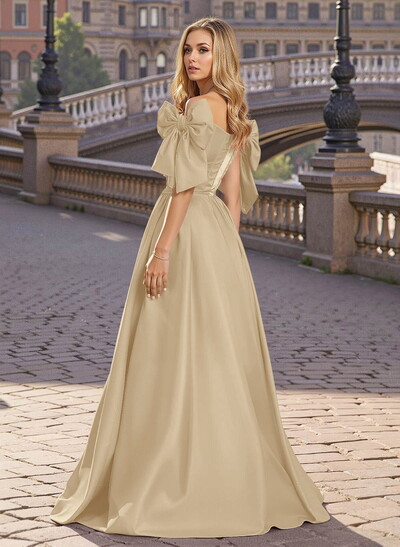Sweet & Flow A-Line Off-The-Shoulder Satin Prom Dresses With Bow(s)