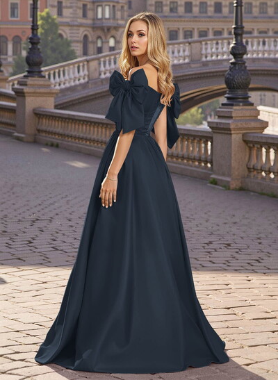 Sweet & Flow A-Line Off-The-Shoulder Satin Prom Dresses With Bow(s)