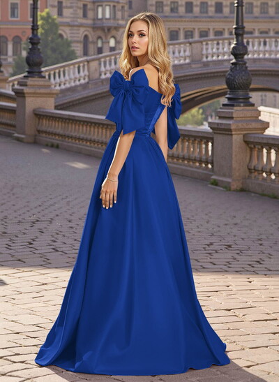 Sweet & Flow A-Line Off-The-Shoulder Satin Prom Dresses With Bow(s)