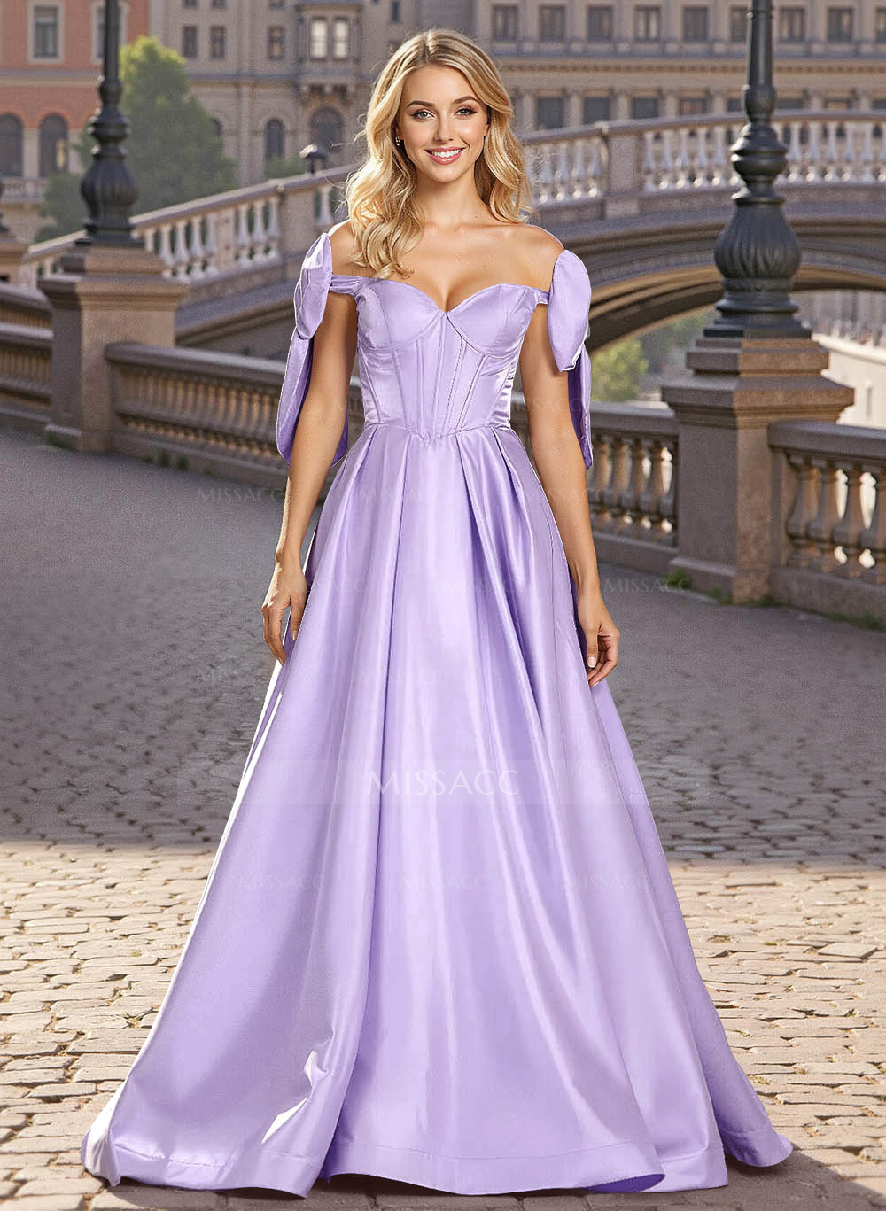 Sweet & Flow A-Line Off-The-Shoulder Satin Prom Dresses With Bow(s)