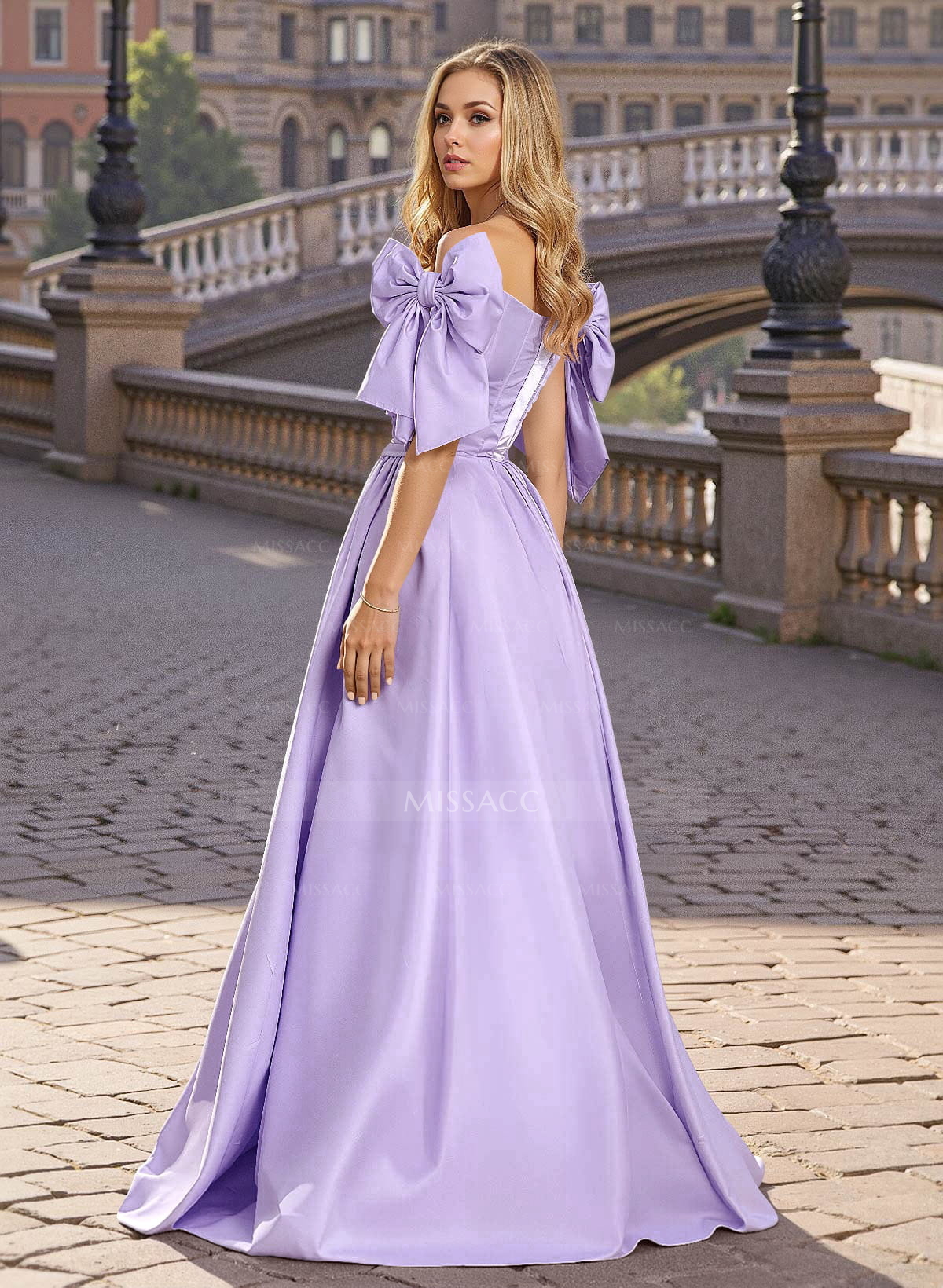 Sweet & Flow A-Line Off-The-Shoulder Satin Prom Dresses With Bow(s)