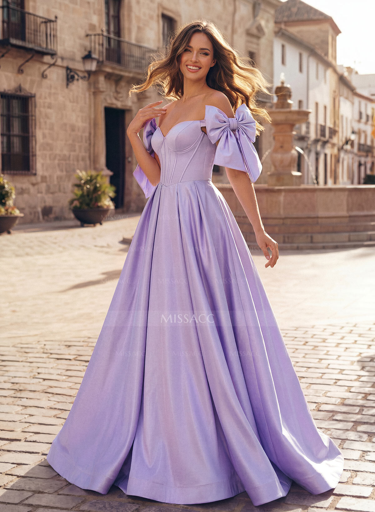 Sweet & Flow A-Line Off-The-Shoulder Satin Prom Dresses With Bow(s)