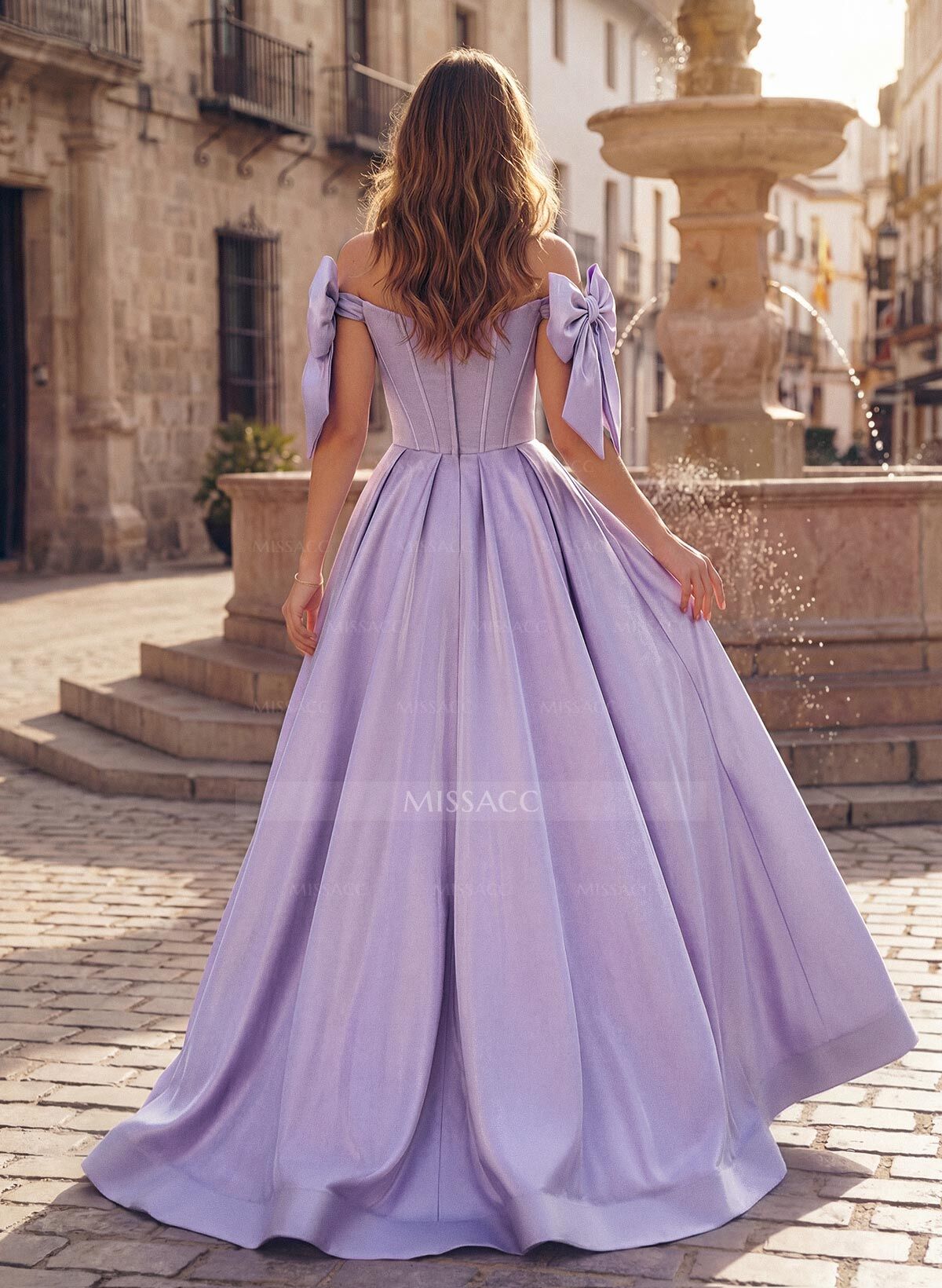 Sweet & Flow A-Line Off-The-Shoulder Satin Prom Dresses With Bow(s)