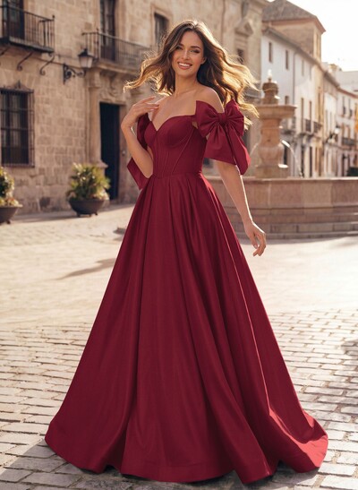 Sweet & Flow A-Line Off-The-Shoulder Satin Prom Dresses With Bow(s)