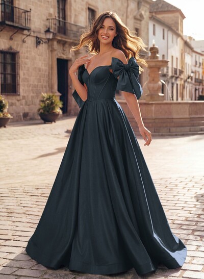 Sweet & Flow A-Line Off-The-Shoulder Satin Prom Dresses With Bow(s)