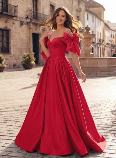 Sweet & Flow A-Line Off-The-Shoulder Satin Prom Dresses With Bow(s)