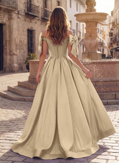 Sweet & Flow A-Line Off-The-Shoulder Satin Prom Dresses With Bow(s)