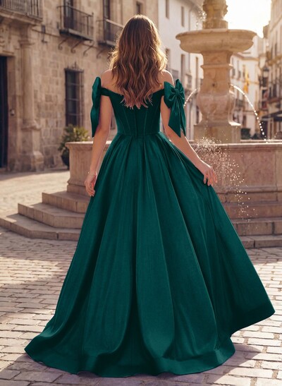 Sweet & Flow A-Line Off-The-Shoulder Satin Prom Dresses With Bow(s)