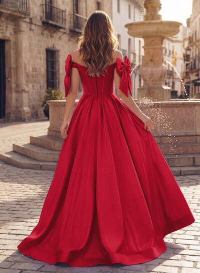 Sweet & Flow A-Line Off-The-Shoulder Satin Prom Dresses With Bow(s)