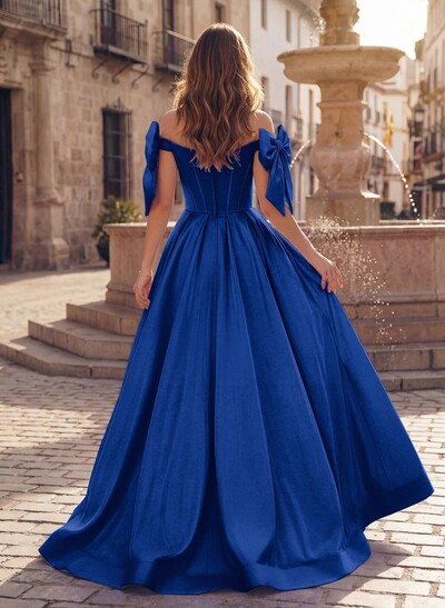 Sweet & Flow A-Line Off-The-Shoulder Satin Prom Dresses With Bow(s)