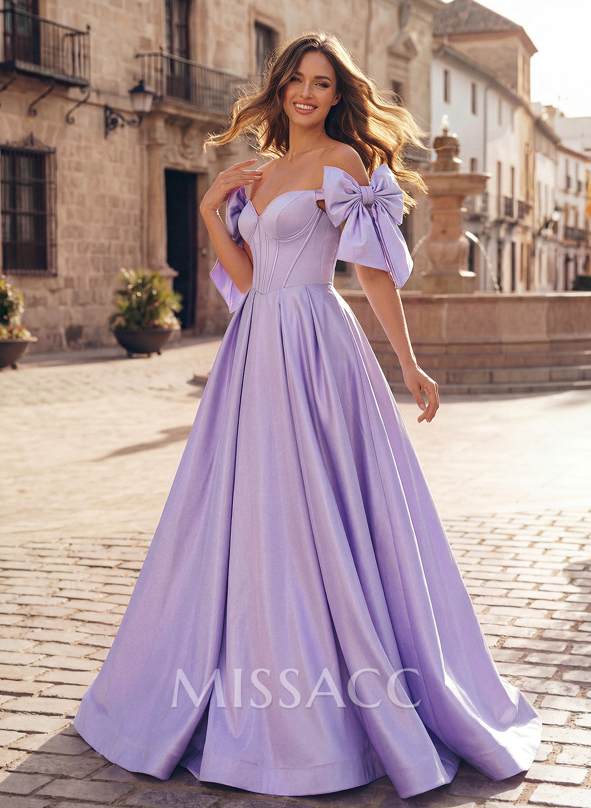 Sweet & Flow A-Line Off-The-Shoulder Satin Prom Dresses With Bow(s) Sweet & Flow A-Line Off-The-Shoulder Satin Prom Dresses With Bow(s)