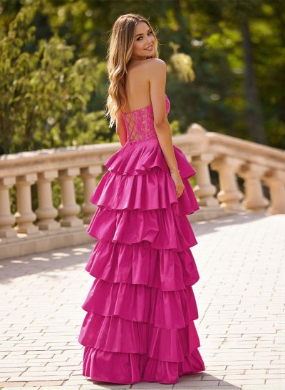 Unique Lace Sweetheart A-Line High Split Tiered Floor-Length Charmeuse Prom Dresses