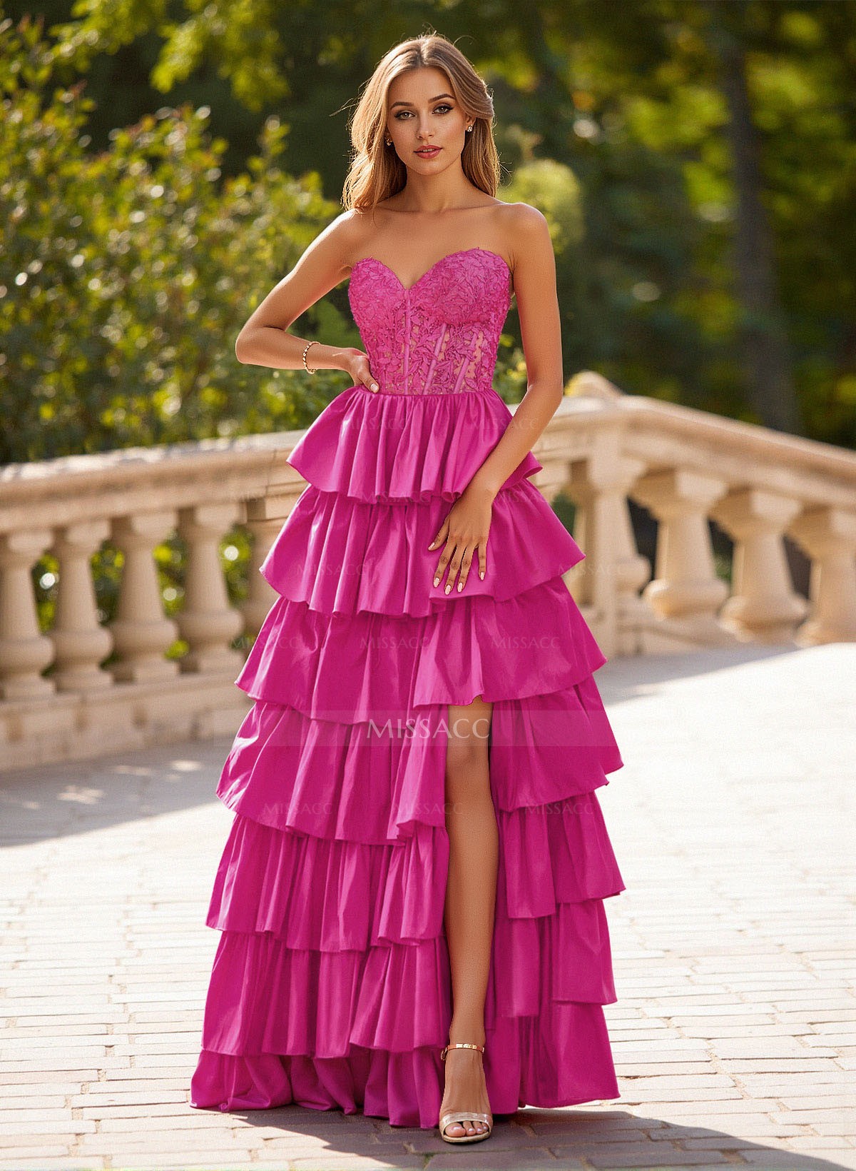 Unique Lace Sweetheart A-Line High Split Tiered Floor-Length Charmeuse Prom Dresses