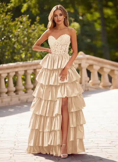 Missacc Blush Prom Dresses Unique Lace Sweetheart A-Line High Split Tiered Floor-Length Charmeuse Prom Dresses Missacc Blush Prom Dresses Unique Lace Sweetheart A-Line High Split Tiered Floor-Length Charmeuse Prom Dresses