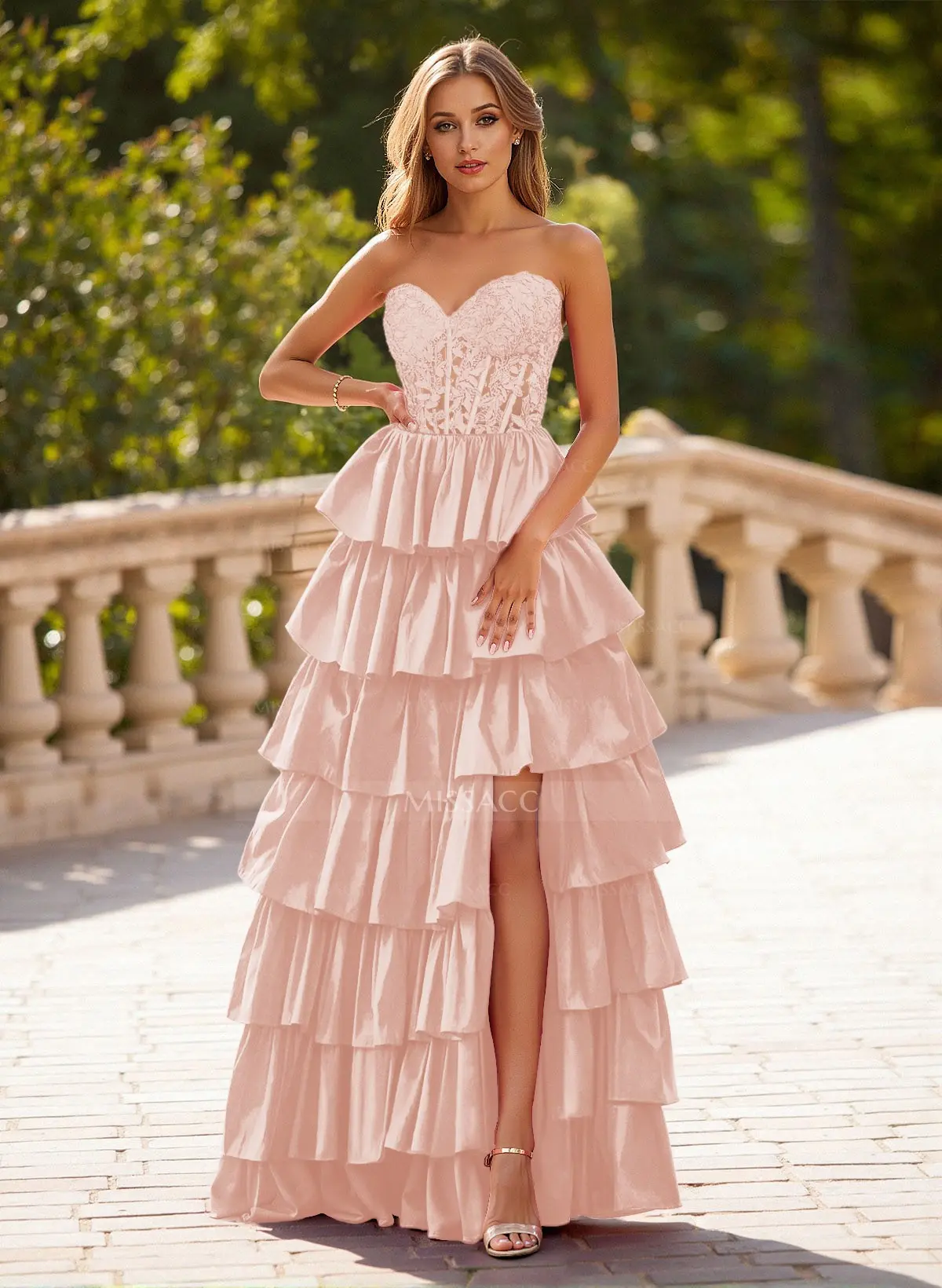 Missacc Blush Prom Dresses Unique Lace Sweetheart A-Line High Split Tiered Floor-Length Charmeuse Prom Dresses