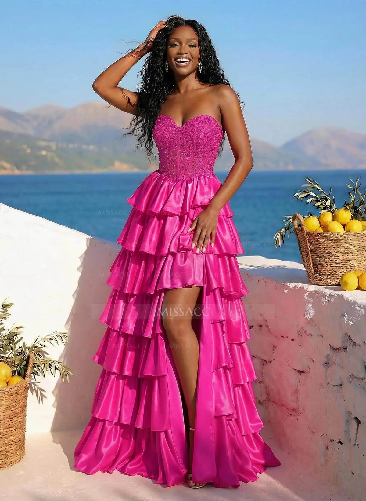 Unique Lace Sweetheart A-Line High Split Tiered Floor-Length