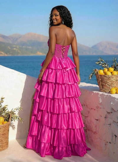 Unique Lace Sweetheart A-Line High Split Tiered Floor-Length Charmeuse Prom Dresses