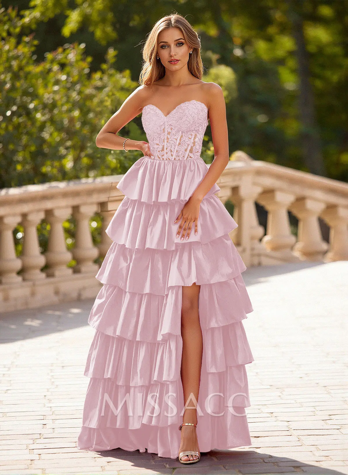 Unique Lace Sweetheart A-Line High Split Tiered Floor-Length
